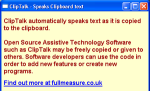 ClipTalk screenshot describing what ClipTalk does and that it is Open Source Assistive Technology Software that "may be freely copied or given to others."