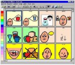 Symbol for Windows symbols menu showing a 4x3 grid of pictures featuring heads drawn with speech or thought bubbles and food items.