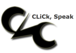 CLiCk, Speak logo in diagonal black letters.