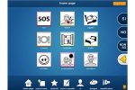 The homepage of the application with pictures for the users to select in order to communicate on a tablet. The pictures have SOS, red pain in hand, dressing tools, eating tools, a bed, s smiley face, a window looking outside.