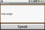 Speaking Pad window with a text field in which appears the text "hola Sergio" and a speak button beneath it.