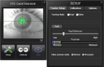 ITU Gaze Tracker setup screen showing an eye centered on a two-axis grid with the pupil colored neon green. Below this picture are tool buttons and to the right is a setup menu for calibrating the pupil location.
