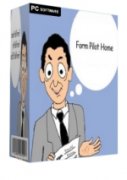 Form Pilot software packaging with a light blue box and a cartoon drawing of a man with paper in his hand. He has a thought bubble with "FormPilot Home" written.