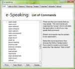 A screenshot of a Window with a list of e-speaking commands in alphabetical order with menu buttons above and buttons below to print, train word, edit and delete from the list. 