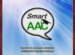 Smart AAC Logo showing a white speech bubble with the word "smart" written in black letters on the first line and on the second line, in green capital letters, the letters AAC.  The C has a graduation cap on it.