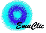 Emuclic logo is a circular background in cerulean blue with a royal blue donut-shaped circle in the middle. Neither colors have well-defined edges. The name EmuClic is scripted in bold black lettering at the bottom right.