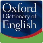 Oxford Dictionary of English Logo is a square with the name written in white letters on a blue background under which is a wave of red and green colors.