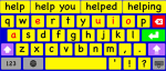 On-screen keyboard with word prediction, yellow keys, and black letters and punctuation.