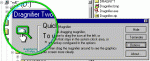 Screenshot of Dragnifier's quick magnifier popup screen with control buttons labeled: Hide, Terminate, Options, and About. There is a green circle showing a magnified area which has a finger pointing to a magnifying glass.