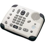 A low-profile rectangular device, white in color, with a number pad, pause play buttons, volume control, and a speaker.