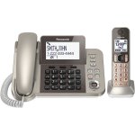 Beige corded telephone with large base and display screen. Alongside it is a second telephone, this one being a cordless handset resting in a matching cradle.