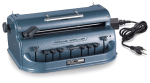 A blue brailler with a typewriter-like front with control keys, printing slit, and power cord.