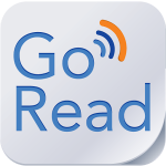 Goread app icon showing the shape of a light gray computer key with a slightly curled lower right edge similar to a page. Written on the square are the words "Go Read" in blue. The letter o in Go has radiating from it 3 curved arches in blue, dark blue and orange similar to sound waves.