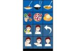A window with a blue background and simply drawn colorful pictures of food items like rice, pizza, bread, and a girl who is gesturing.