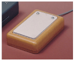 A small, wired, rectangular device the size of a computer mouse with a wooden base and a metal switch plate. 