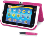 InnoTab MAX in a pink case with pink stylus and kickstand. The screen features various apps and menu options.