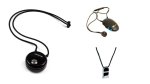 Various models of neckloops. They resemble long, corded necklaces with small-to-medium-sized electronic devices on the end. They have small menu buttons. One model shown has a small, round microphone attached via cord. Two devices are black; one is silver and black.