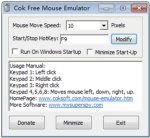 A screenshot of the Settings menu for Cok Free Mouse Emulator. There are options for Move Speed, Hotkey specified, Run on Windows Startup, and Minimize on Start-Up. In the text box below these options, the Usage Manual is shown with the keypad numbers that are assigned to functions. The last row of buttons is labeled " Donate, Minimize, and Exit".