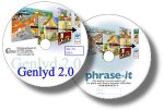 Genlyd 2.0 and Phrase-it software DVD's with animation on top and logo on bottom.