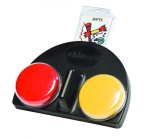 Small, black semi-circular device with 2 big circular buttons in red and yellow color.