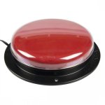 A wired, red switch button with a round activation surface mounted on black base.