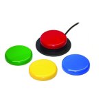 Four round single color switches. Red button mounted on small round black platform and connected by a black wire.