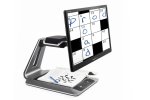 Large rectangular screen attached to a stand with base and crossword on the screen.