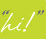 The Say Hi AAC logo. It has a lime green backdrop, with the word "hi!" written in a cursive, handwriting-style font. The word is in white, while the quotation marks around it are dark grey.