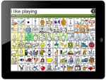 An app on an iPad showing a grid of icons representing various action verbs.