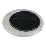 White circular device with green light at top center and smaller black circular device embedded in the center.