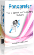 Panopreter in packaging with a speaker above a paper and pen on the front of the box. Under the name, Text to Speech and Text to MP3 Software is also written.