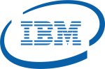 IBM logo which is blue on white background. The letters IBM are capitalized and made up of horizontal stripes and are encircled by 2 non-connecting ribbons of blue. 