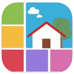 Logo in the form of a rounded square with a drawing of a colorful house in the upper right corner and different colored blocks around it.