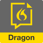 Dragon Anywhere logo, a rectangular shape with Dragon written in yellow across the bottom and a conversation cloud in the upper half.