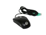 A standard black, wired mouse with scroll wheel and switch input on the left side. 