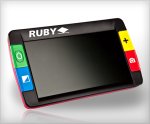 Small, rectangular handheld device with display screen and two colored buttons on each side.