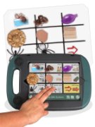 Handheld, tablet device with handle features a 3x3 grid with images. 