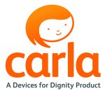 An icon of a person with orange hair, with "carla" underneath and the caption "A Device for Dignity Product."