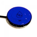 A blue,  round,  flat, and wired switch.