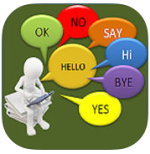 3D white figure holding iPad with short words, including Hi, Bye OK, Yes, No, Say, and Hello in speech bubbles.