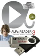 ALFa READER 3's logo with flash drive as a large play arrow in the center of a lower case letter "d" superimposed on a cursive letter A. There is also an image of a teenage boy with headphones on.
