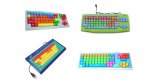 Various models of children's computer keyboards. They resemble standard keyboards, but are bright and multi-colored, with different regions of keys color-coded. 