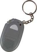 Small gray recording device with recording controls along top left corner and a keyring attached to opposite corner.