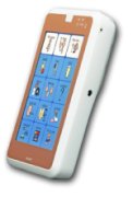 White, rectangular pocket-sized device with headphone jack on right edge and square tile icons in blue and white on screen.