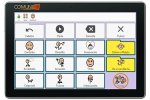 Tablet with aac board showing a 4x4 grid of icons of stick figures with expressions.