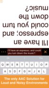 Flip Writer AAC on a smartphone with on-screen keyboard on bottom and flipped, large-font text on top. 