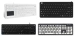 Various models of water-resistant keyboards. They resemble standard keyboards, with one model featuring a built-in touchpad on the bottom-left corner. Another model is shorter in length than a standard keyboard and does not have a numeric keypad on the right-hand side. Two models are black; one is white; and one is dark grey with white keys.