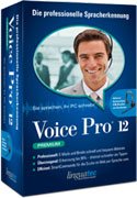 Linguatec software packaging for Voice Pro 12 Premium shows a dark blue box with a smiling professional man with headphones on pictured inside a speech bubble.
