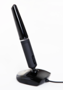 Black mouse that resembles a pen with a scroll wheel and right and left click buttons on the pen with a corded base.