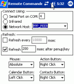 Remote Commander settings menu with the Connect Using options, like serial port, infrared, or Network Host. Options are also chosen for Mouse, Action Button (Right Click), Calendar Button (Left Click) Contacts Button (Right Click).